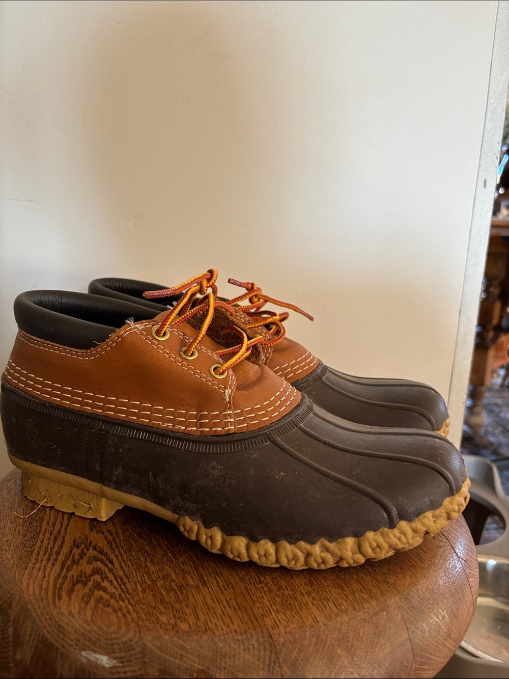 L.L. Bean Brown and Black Leather-Rubber Duck Boots with Tan Sole